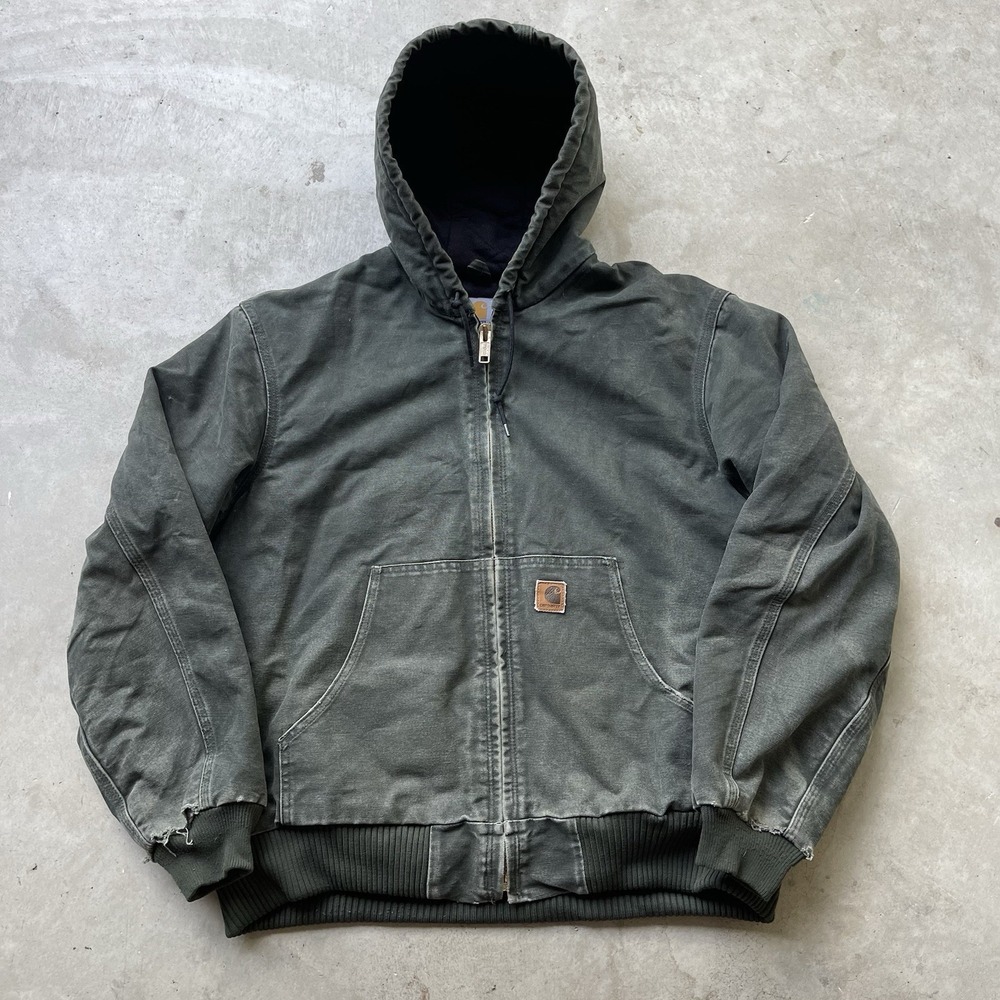 Vtg Carhartt J130 Mos Hooded Jacket Men's Size Large Green Quilt Lined Workwear